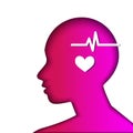 Human head shape on white background with heart pulse inside. Mental health, mind, intelligence concept. Healthe care, medicine, h